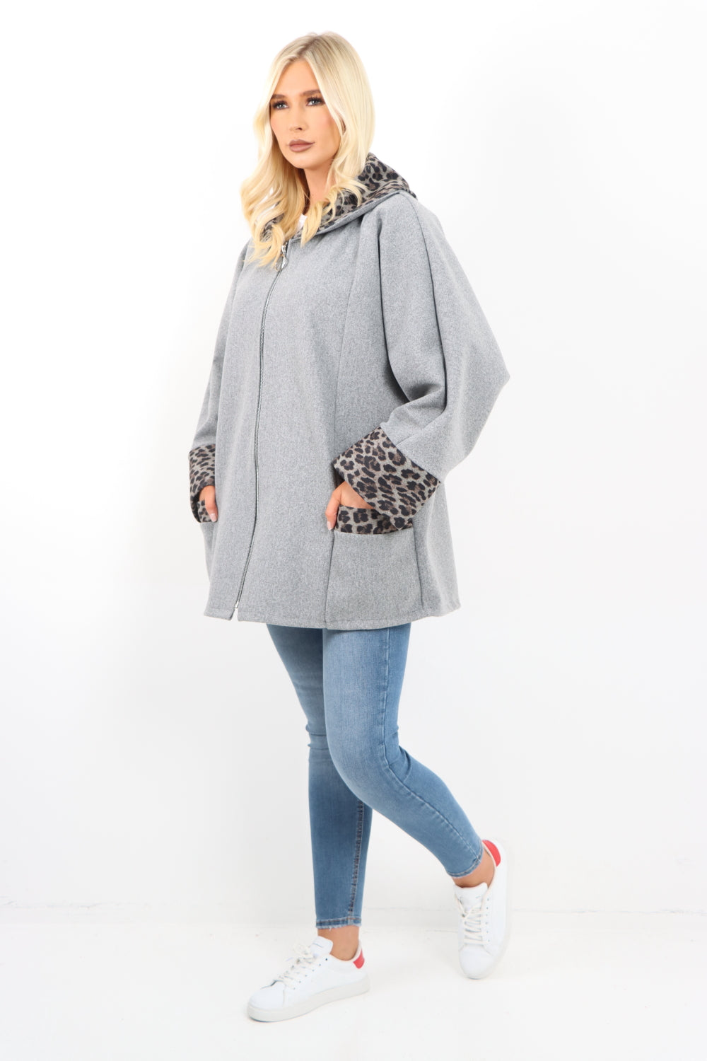 Leopard Collar Zip Up Front Pocket Coat