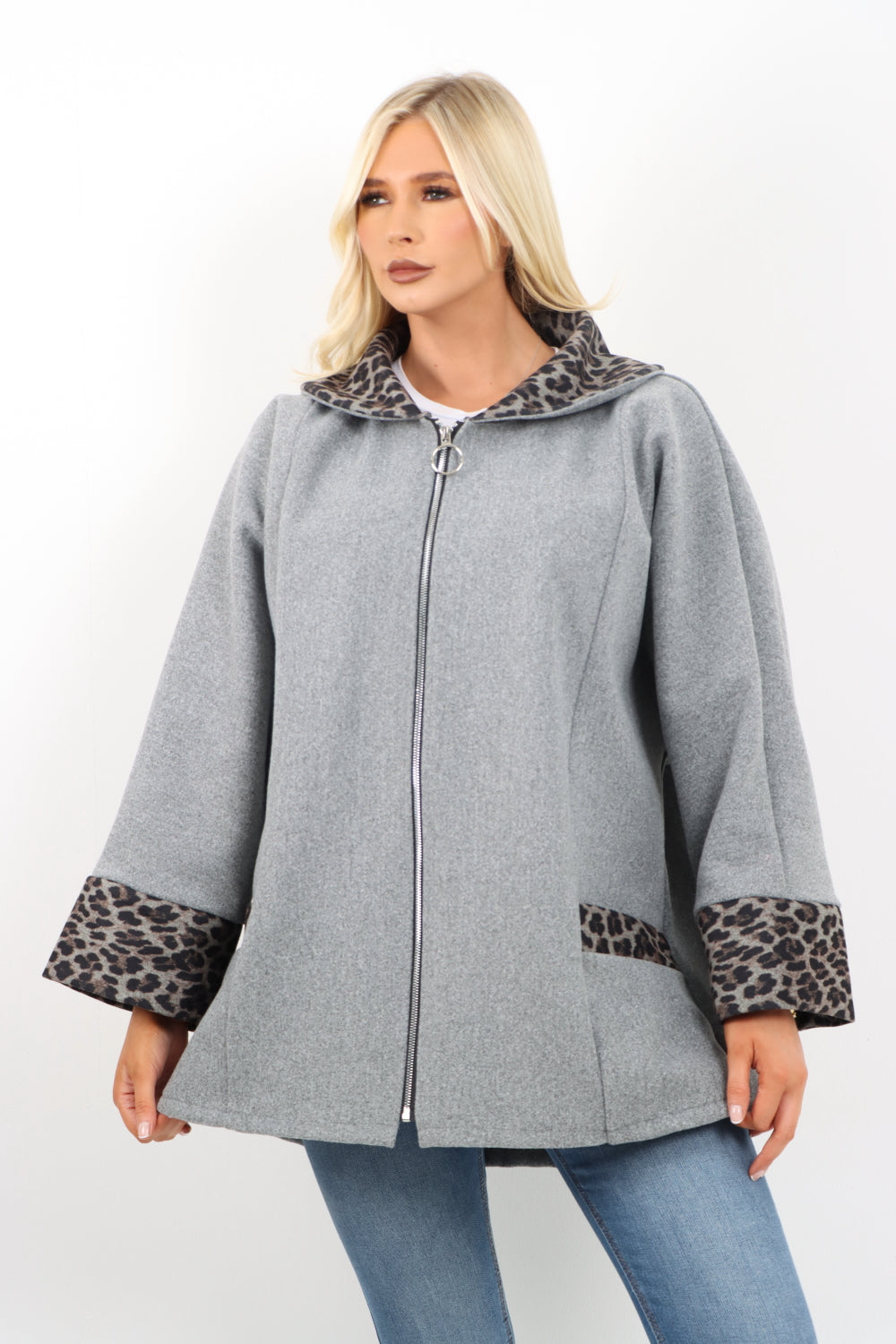 Leopard Collar Zip Up Front Pocket Coat