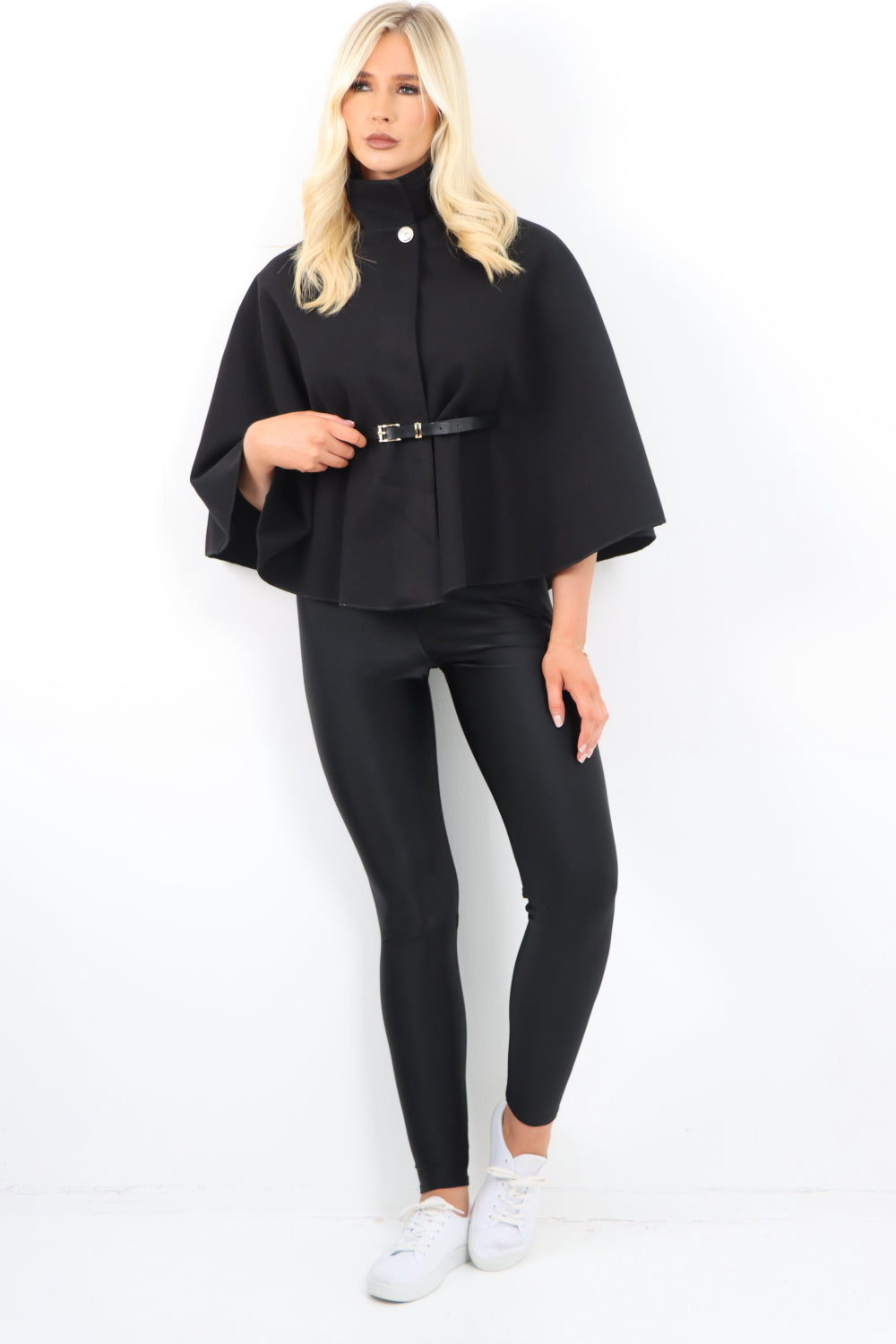 Belted High Neck  Button Cape Coat