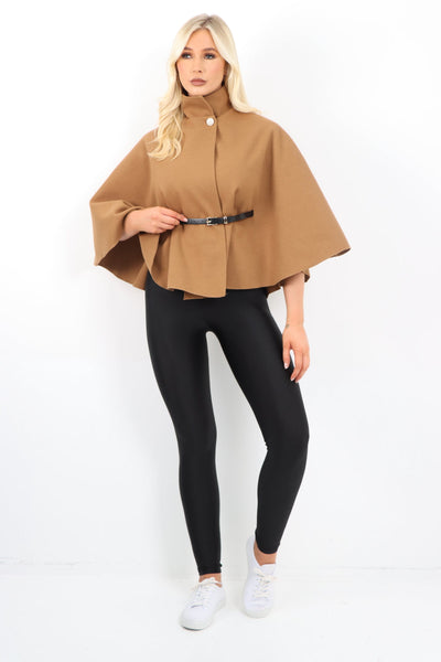 Belted High Neck  Button Cape Coat