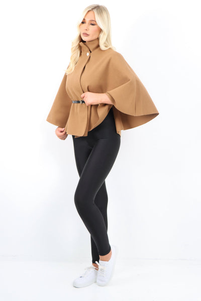 Belted High Neck  Button Cape Coat