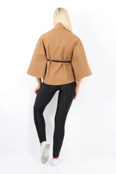 Belted High Neck  Button Cape Coat