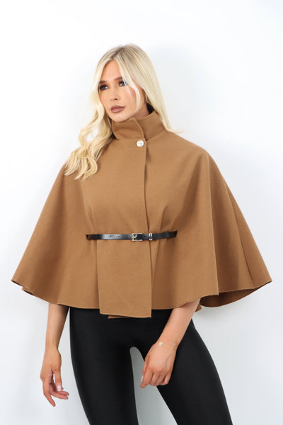 Belted High Neck  Button Cape Coat