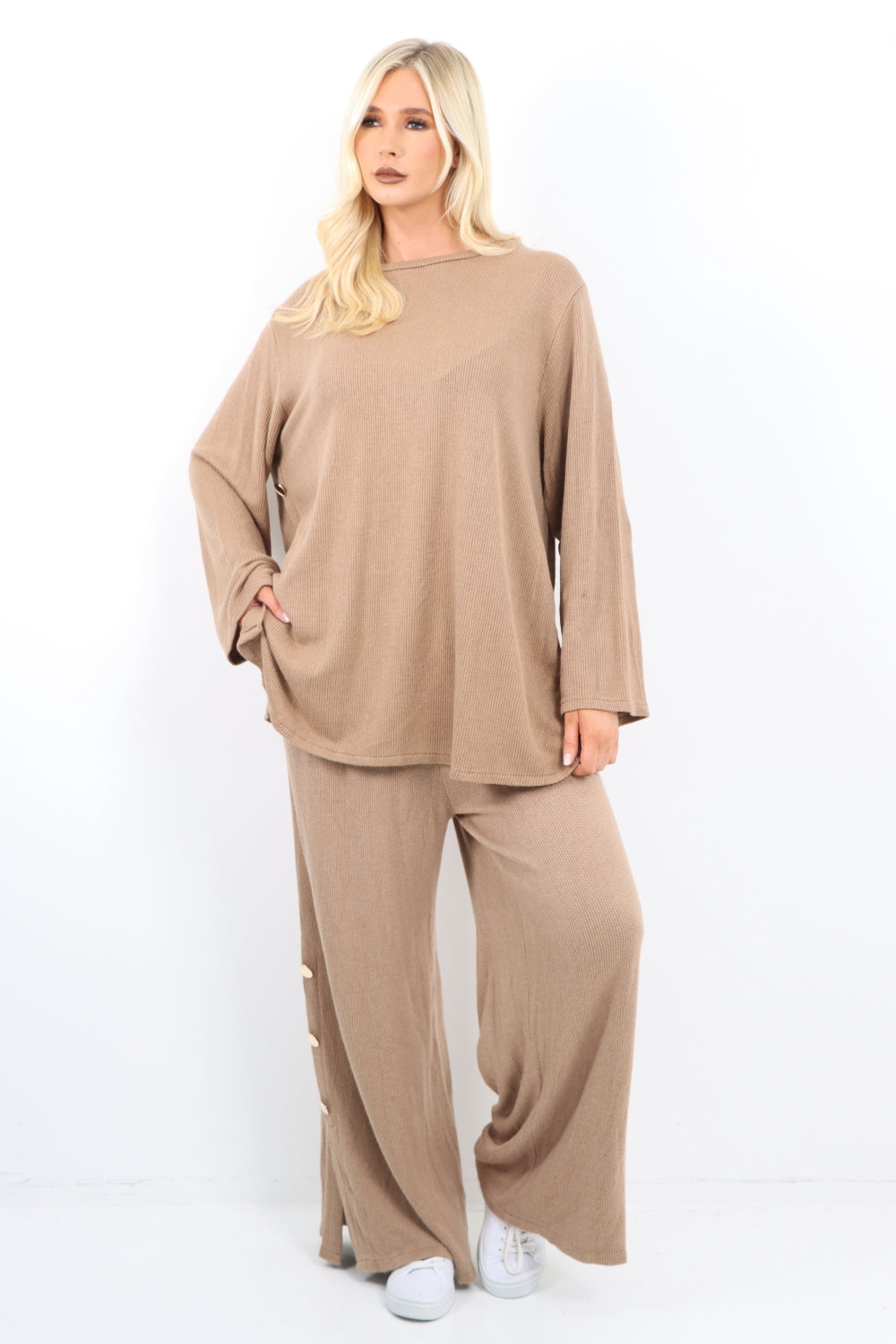 Soft Knit Side Button Detail Top and Trouser Co - Ord Set