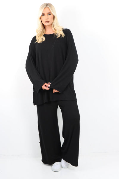 Soft Knit Side Button Detail Top and Trouser Co - Ord Set