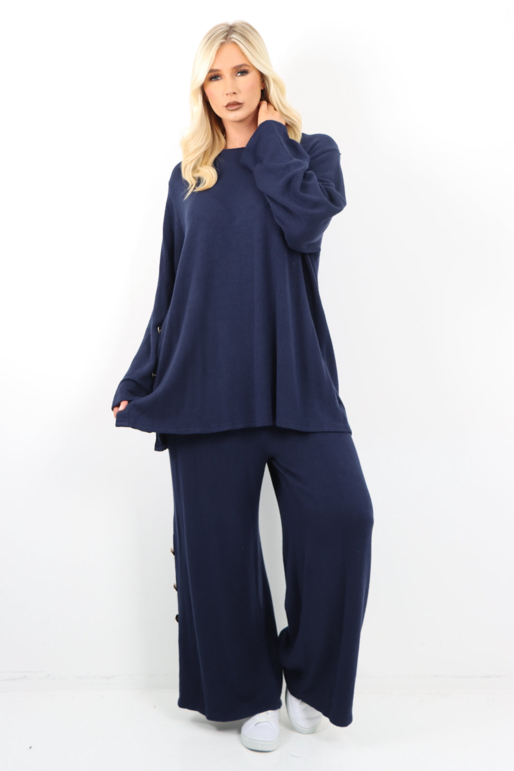 Soft Knit Side Button Detail Top and Trouser Co - Ord Set