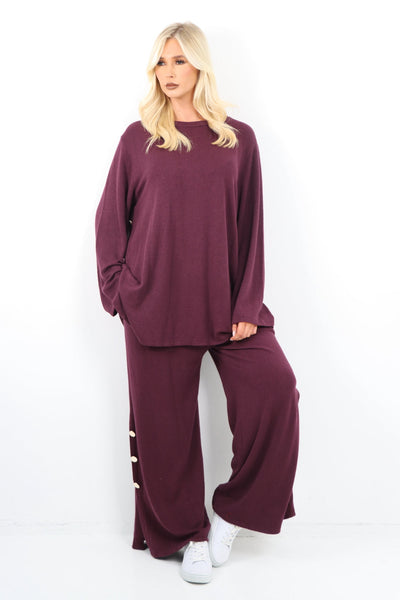 Soft Knit Side Button Detail Top and Trouser Co - Ord Set