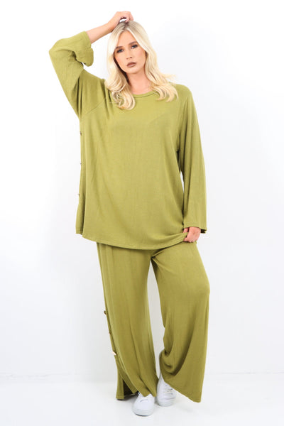 Soft Knit Side Button Detail Top and Trouser Co - Ord Set