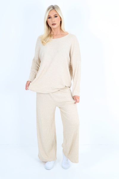 Basic Ribbed Soft Knit Top and Trouser Co - Ord Set