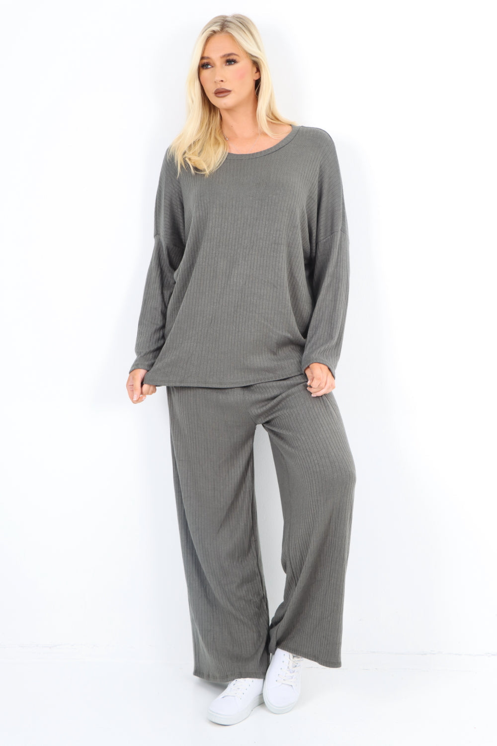 Basic Ribbed Soft Knit Top and Trouser Co - Ord Set