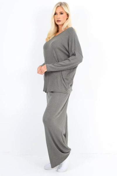 Basic Ribbed Soft Knit Top and Trouser Co - Ord Set