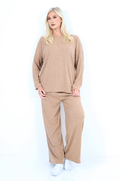 Basic Ribbed Soft Knit Top and Trouser Co - Ord Set