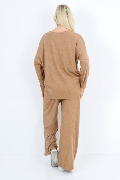 Basic Ribbed Soft Knit Top and Trouser Co - Ord Set