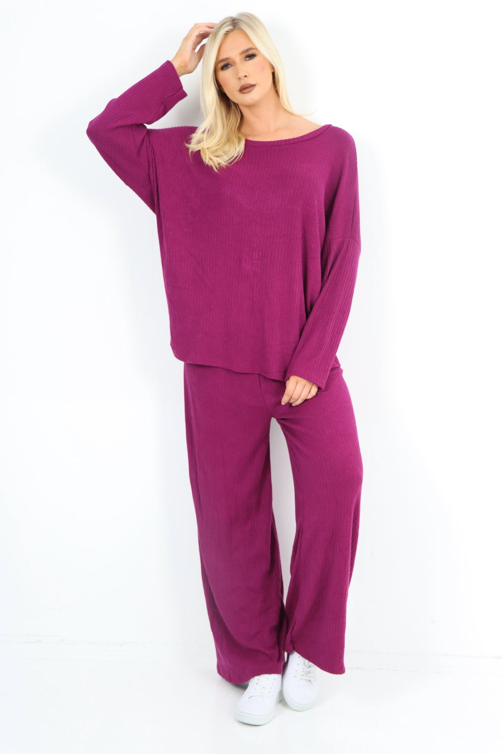 Basic Ribbed Soft Knit Top and Trouser Co - Ord Set