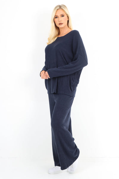 Basic Ribbed Soft Knit Top and Trouser Co - Ord Set