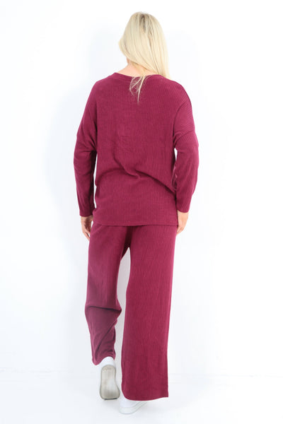 Basic Ribbed Soft Knit Top and Trouser Co - Ord Set