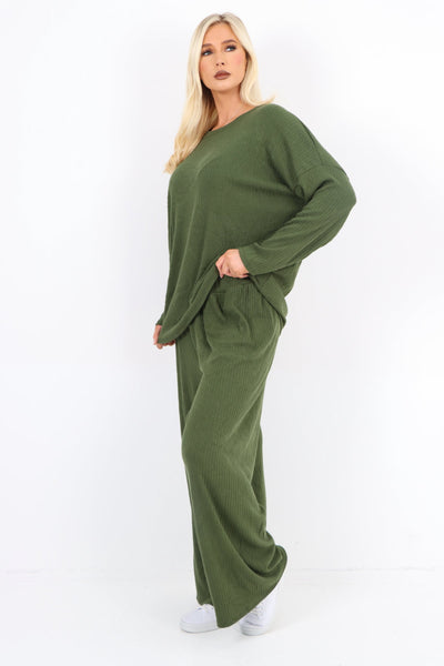 Basic Ribbed Soft Knit Top and Trouser Co - Ord Set