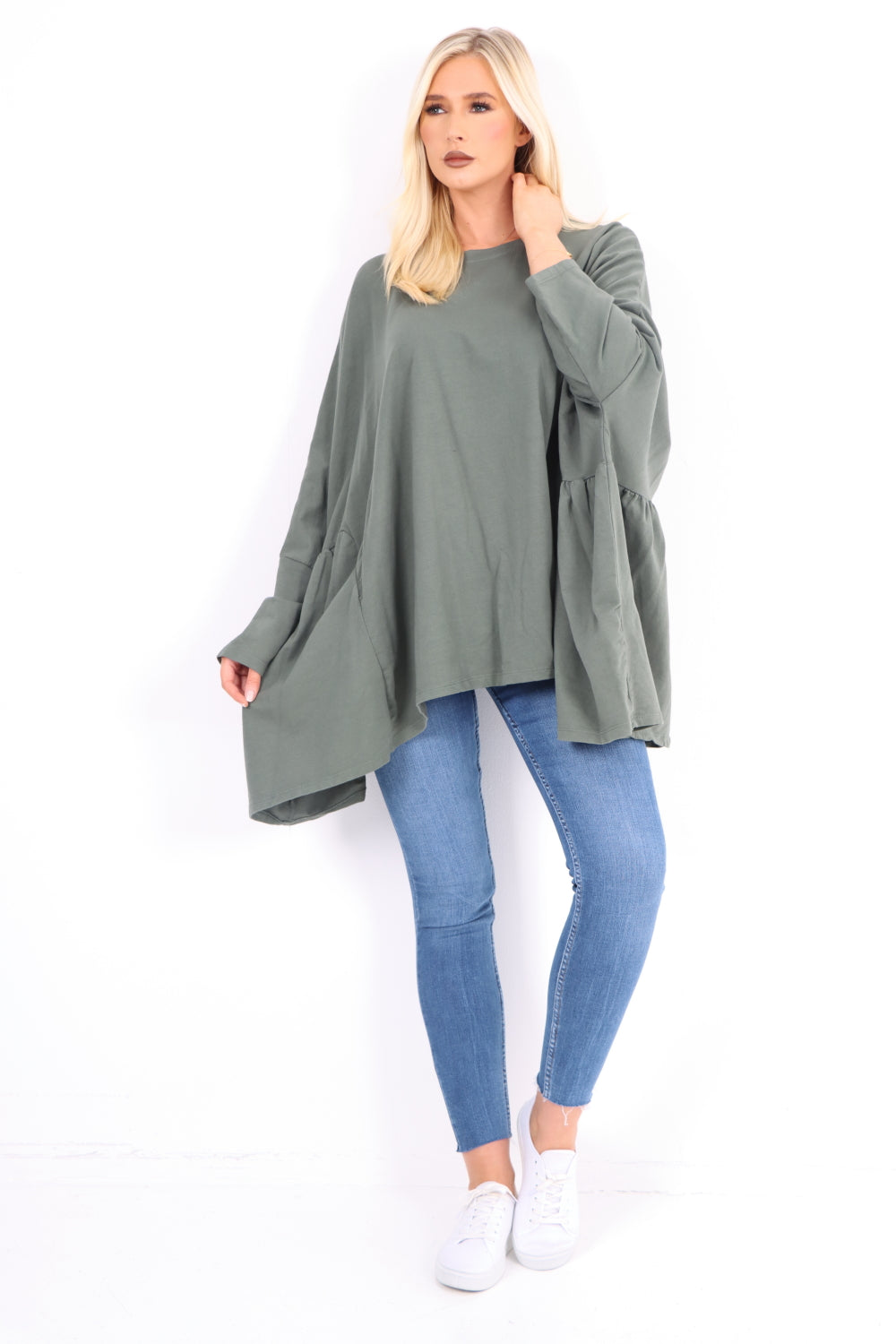 Oversized Round Neck Hanky Hem Tunic Top