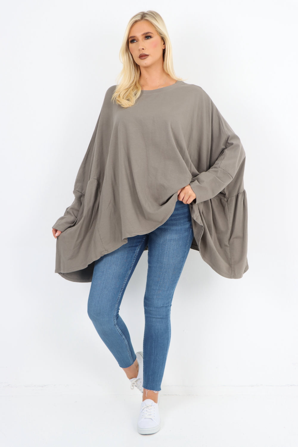 Oversized Round Neck Hanky Hem Tunic Top