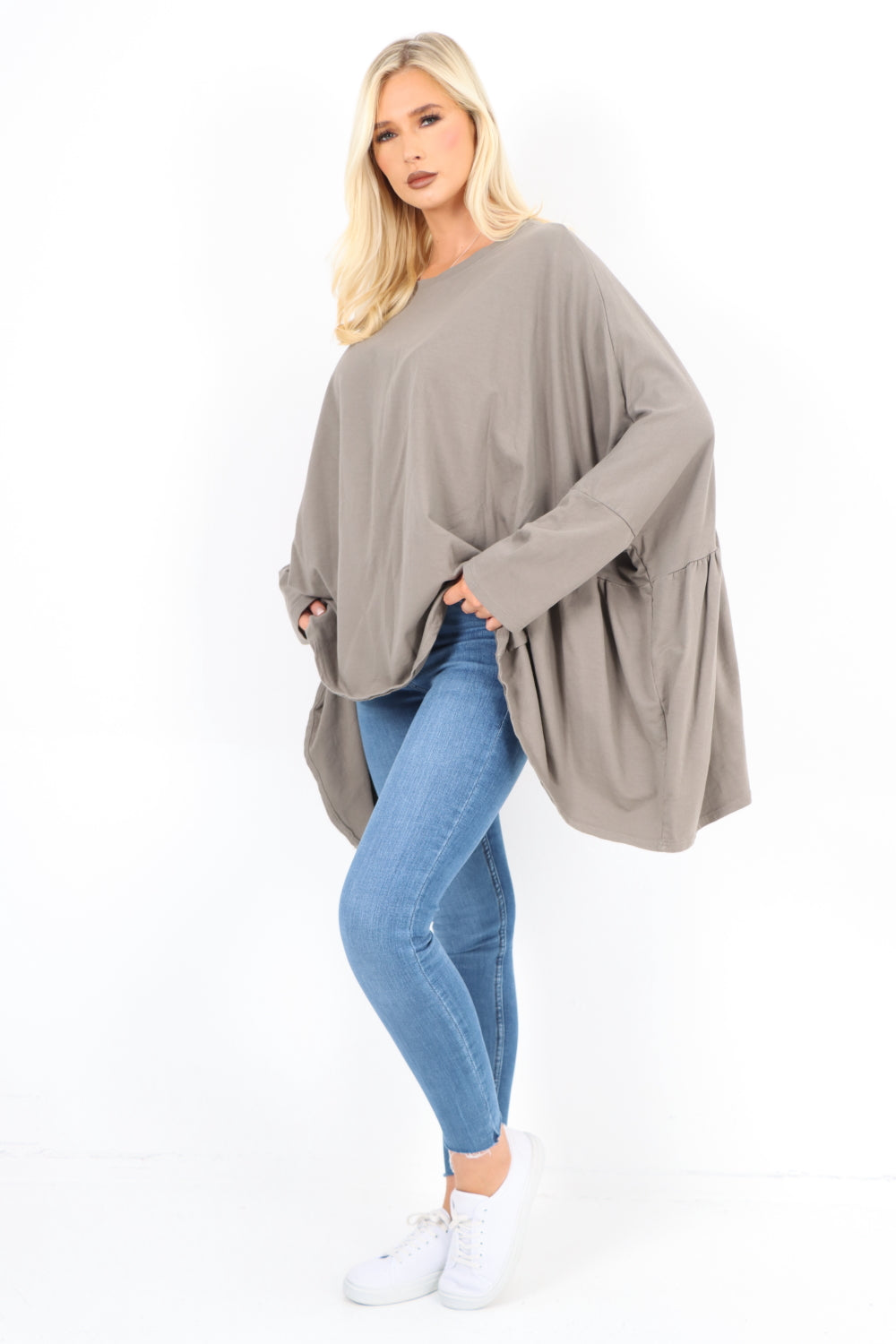 Oversized Round Neck Hanky Hem Tunic Top