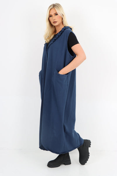 Frill Neck Button Front Longline Vest Dress