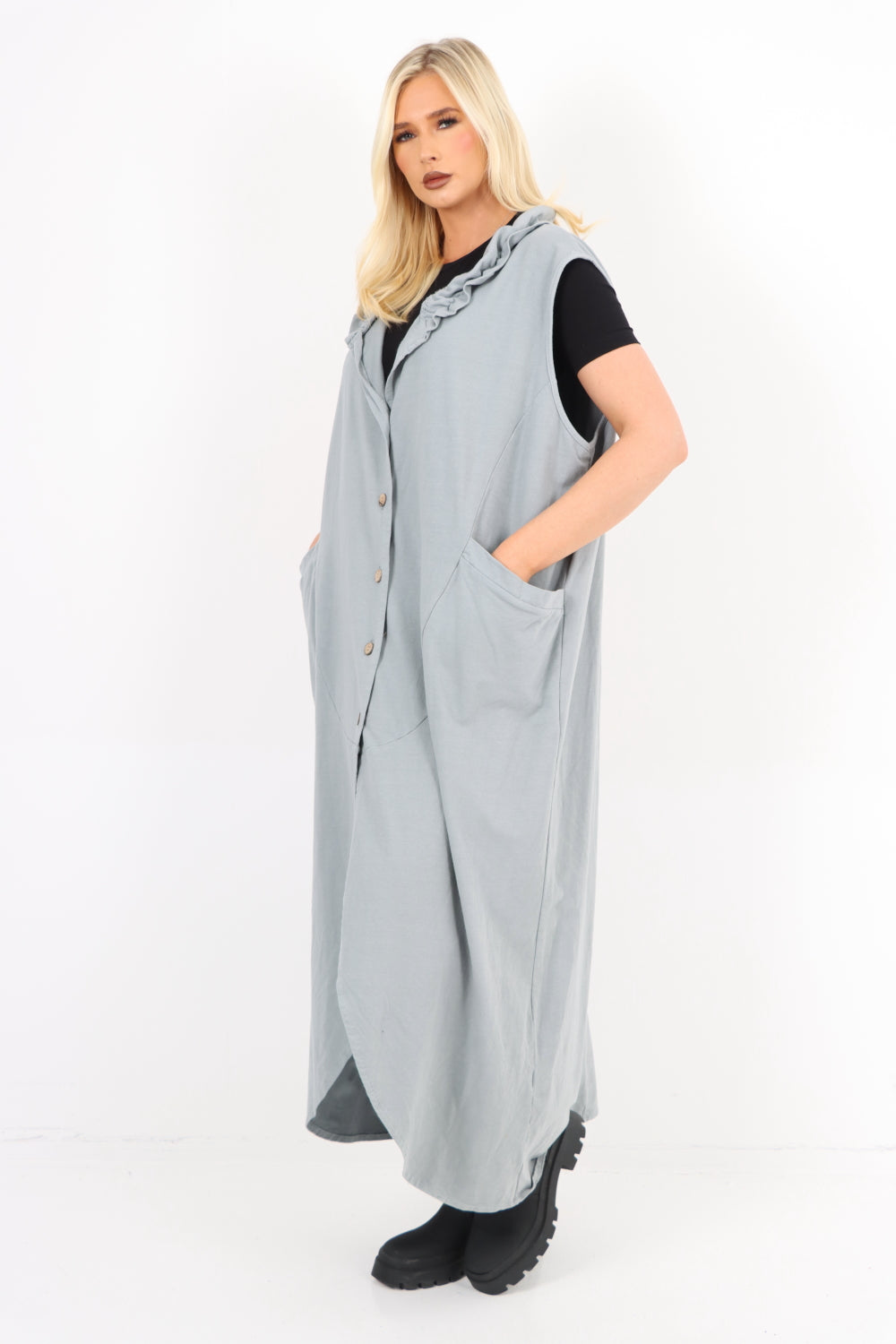 Frill Neck Button Front Longline Vest Dress