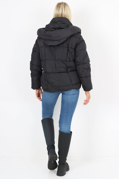 Side Pocket Padded Hooded Long Sleeve Short Jacket