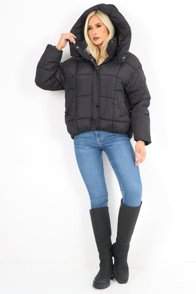 Side Pocket Padded Hooded Long Sleeve Short Jacket