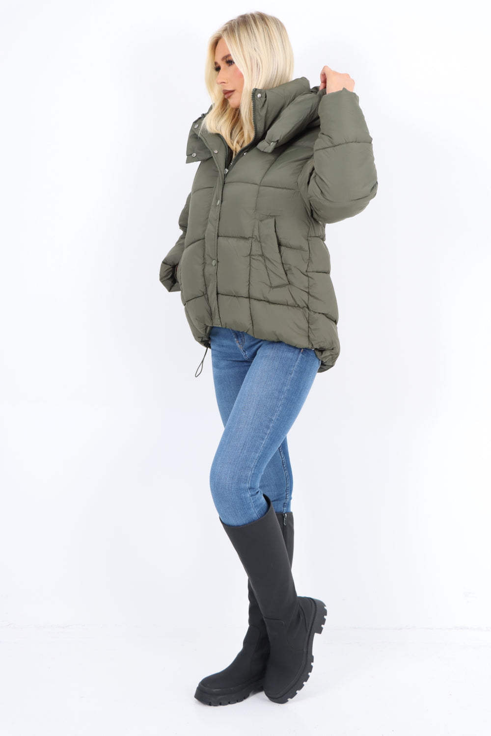 Side Pocket Padded Hooded Long Sleeve Short Jacket