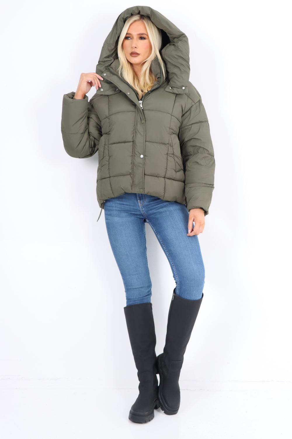 Side Pocket Padded Hooded Long Sleeve Short Jacket