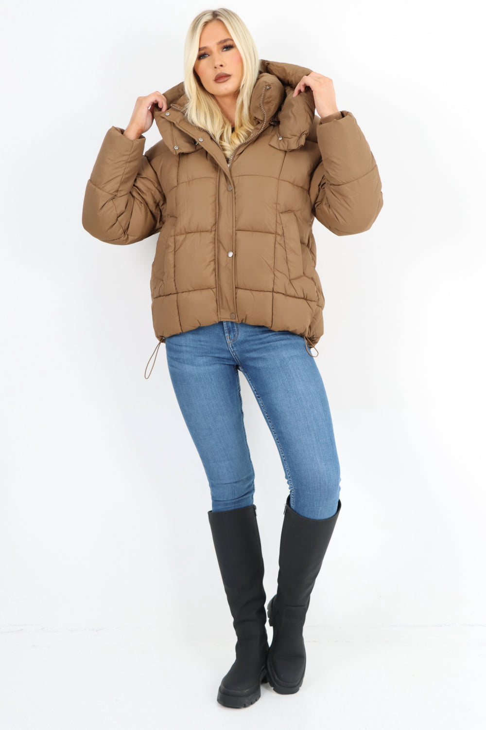 Side Pocket Padded Hooded Long Sleeve Short Jacket