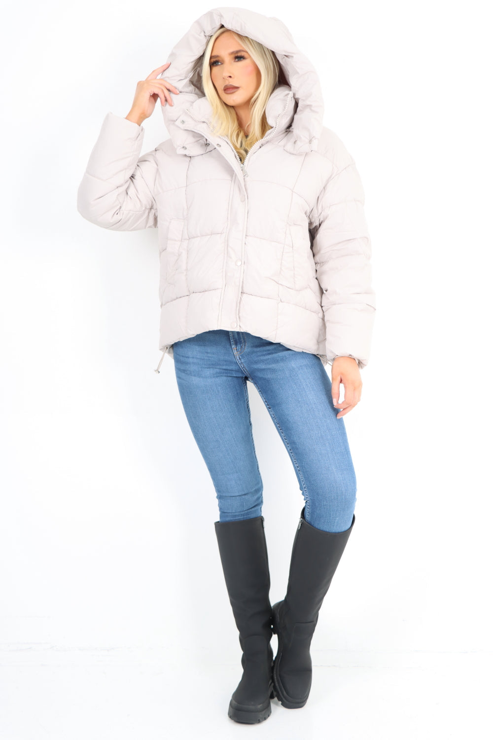 Side Pocket Padded Hooded Long Sleeve Short Jacket