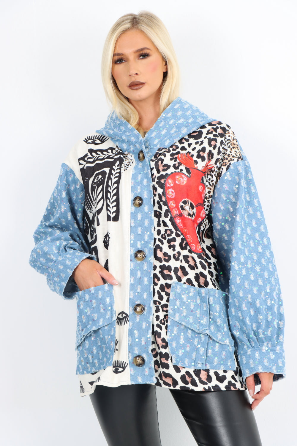 Denim Printed Patch Work Hooded Long sleeve Jacket