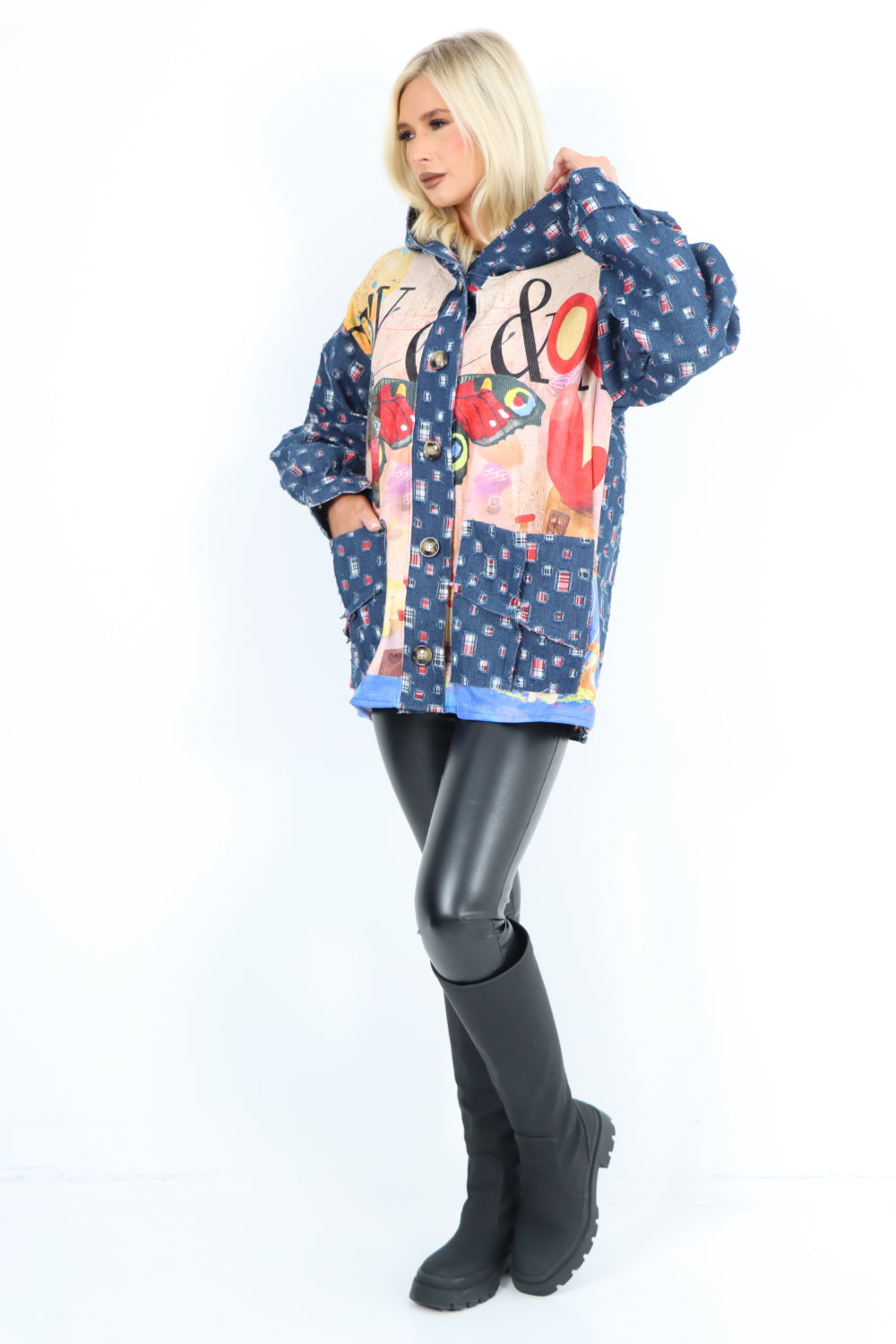 Denim Printed Patch Work Hooded Long sleeve Jacket