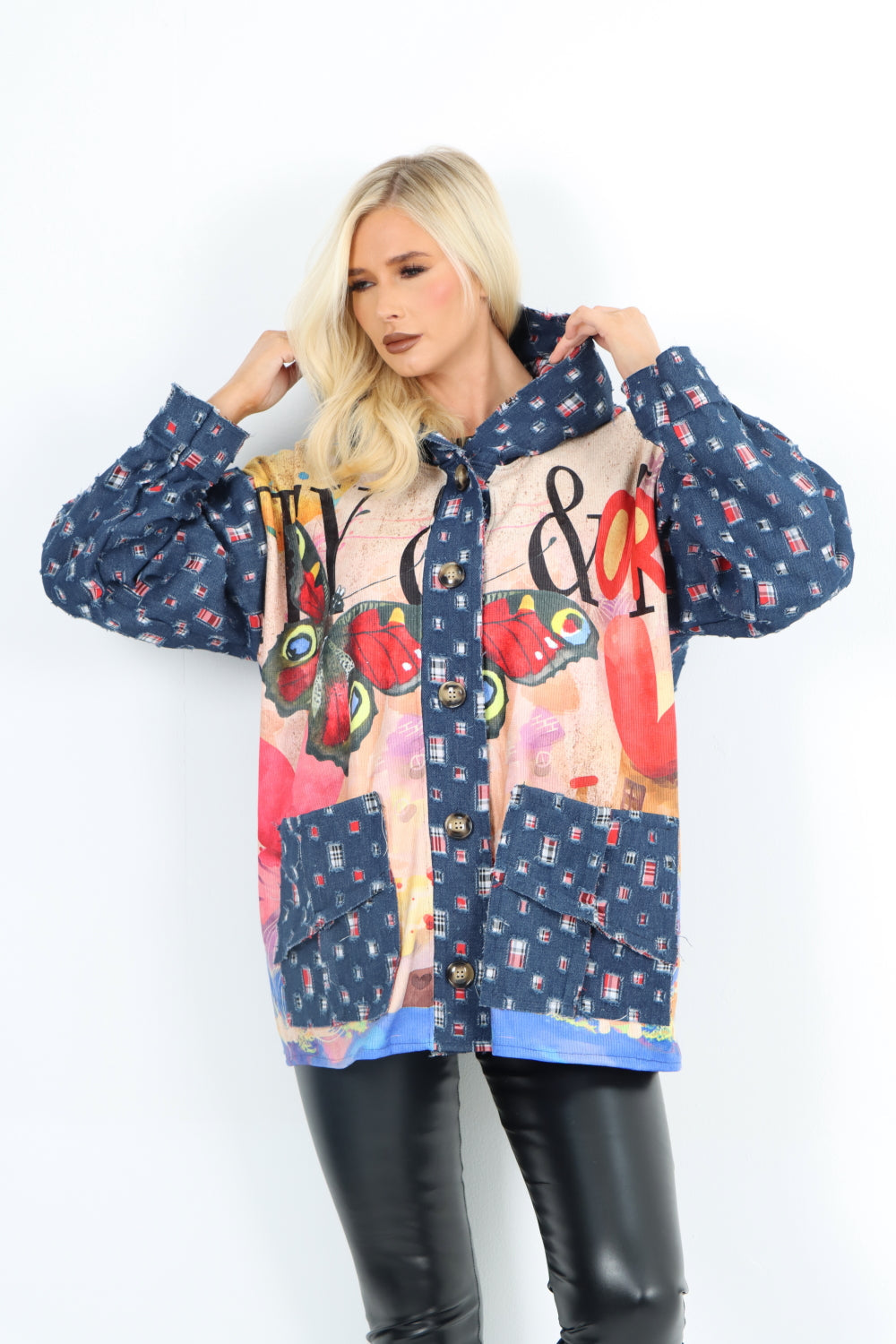 Denim Printed Patch Work Hooded Long sleeve Jacket