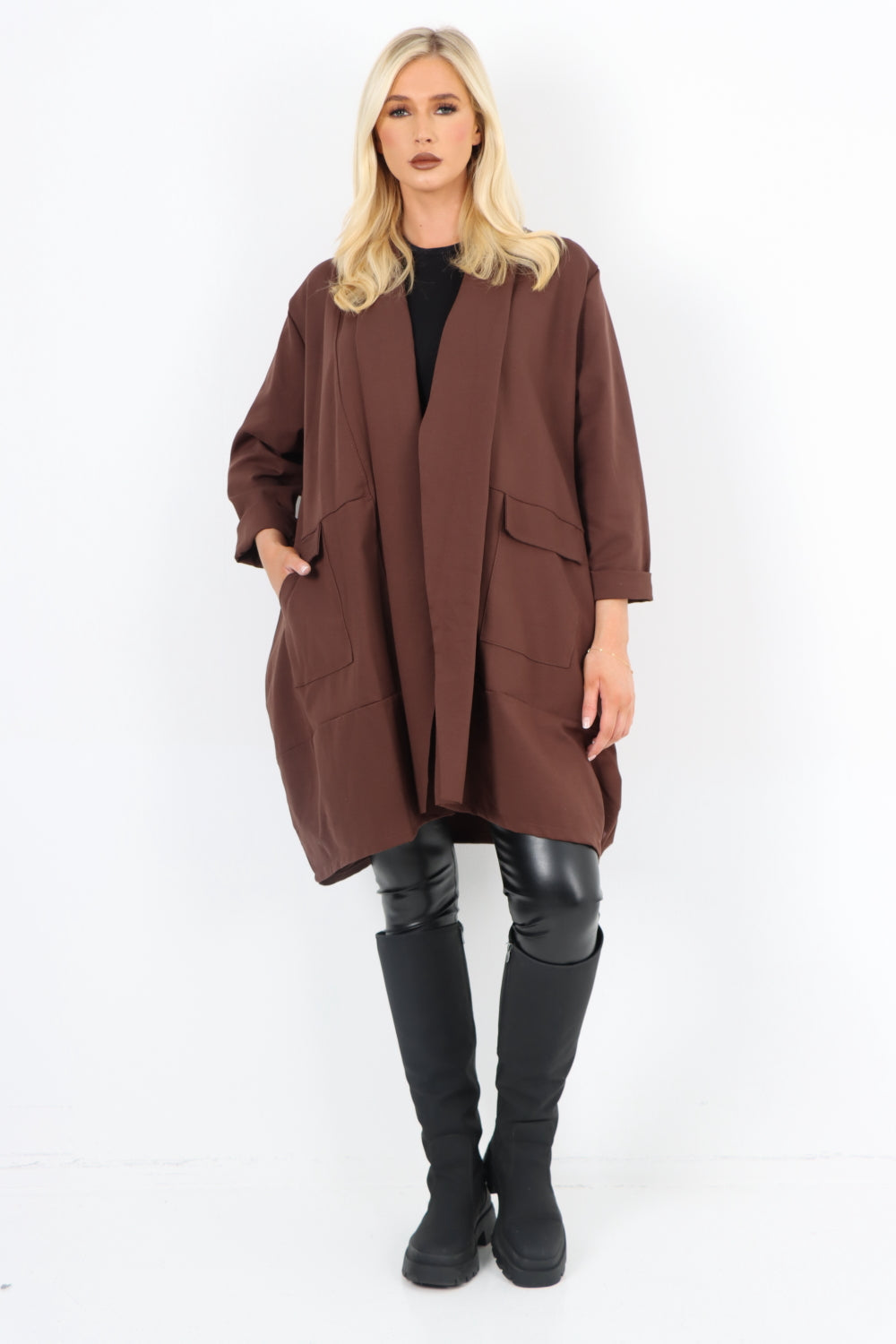 Two Pocket Open Front Long Sleeve Waterfall Blazer Coat