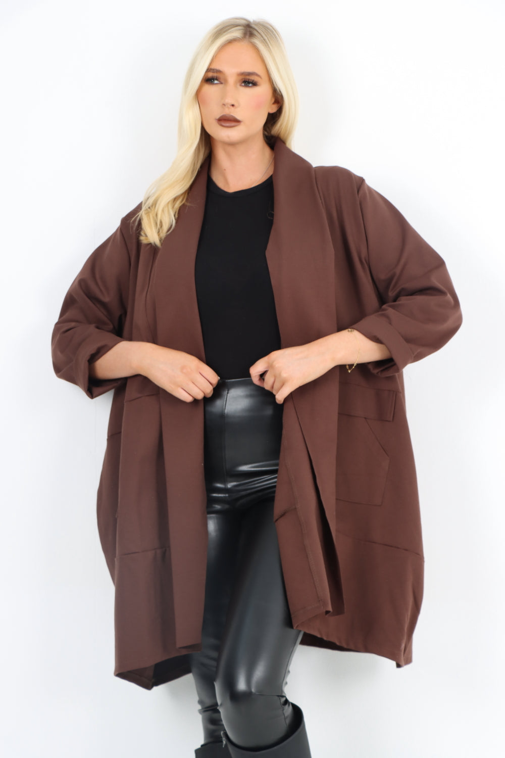 Two Pocket Open Front Long Sleeve Waterfall Blazer Coat