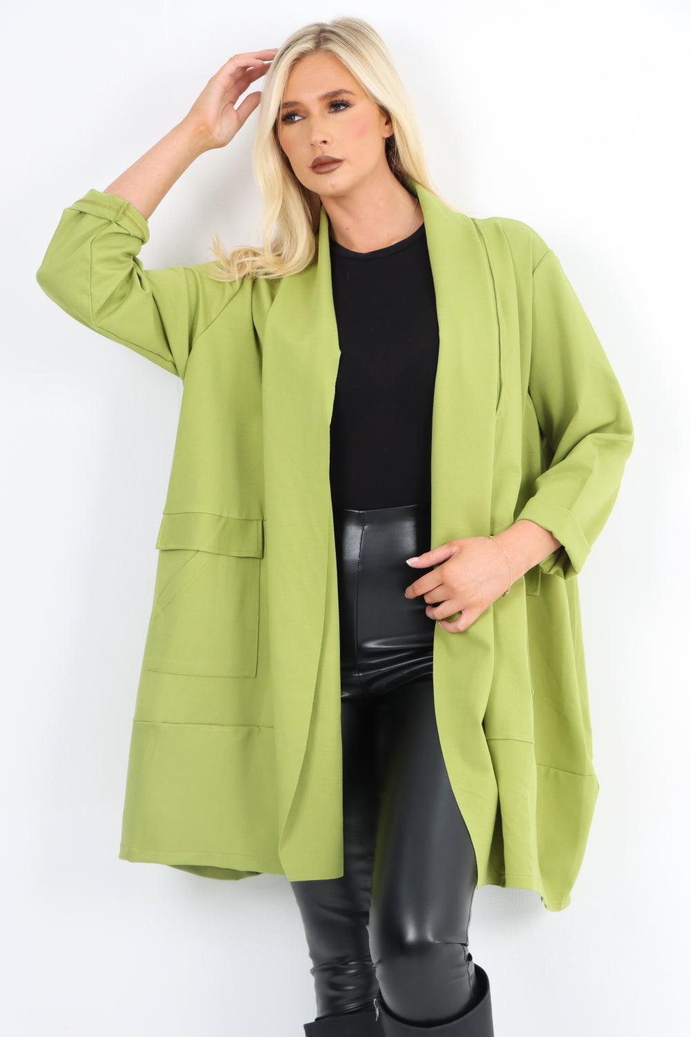 Two Pocket Open Front Long Sleeve Waterfall Blazer Coat