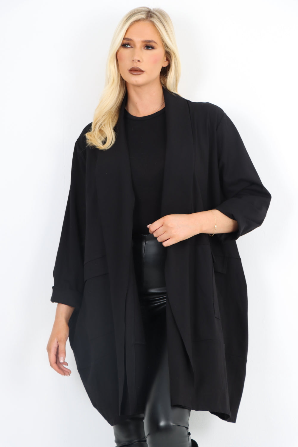 Two Pocket Open Front Long Sleeve Waterfall Blazer Coat