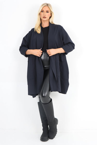 Two Pocket Open Front Long Sleeve Waterfall Blazer Coat