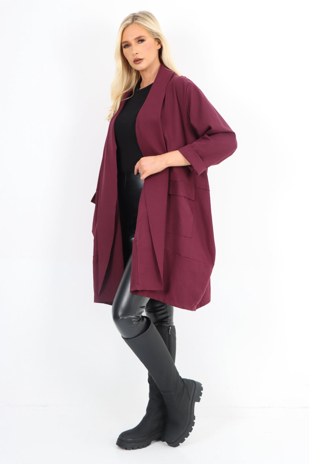 Two Pocket Open Front Long Sleeve Waterfall Blazer Coat