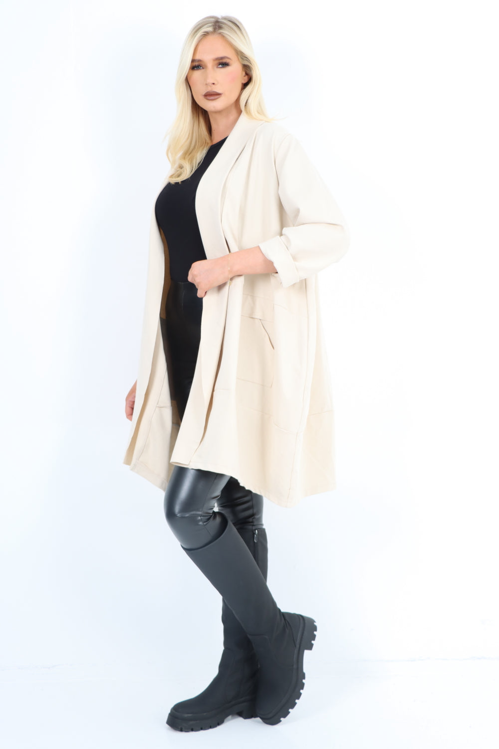 Two Pocket Open Front Long Sleeve Waterfall Blazer Coat