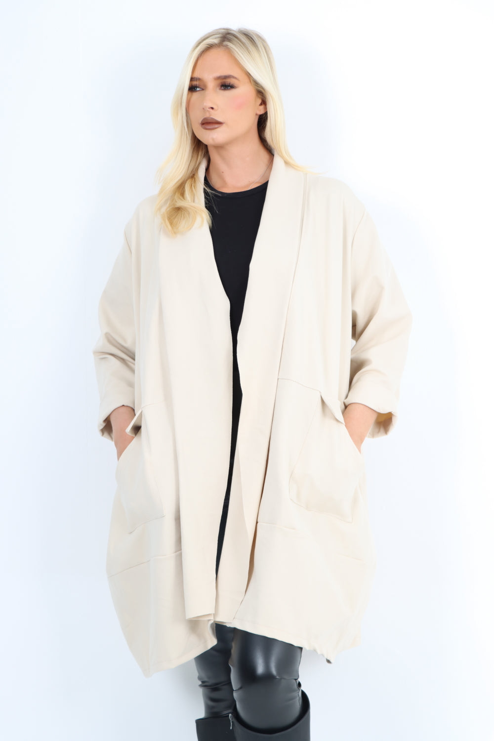 Two Pocket Open Front Long Sleeve Waterfall Blazer Coat