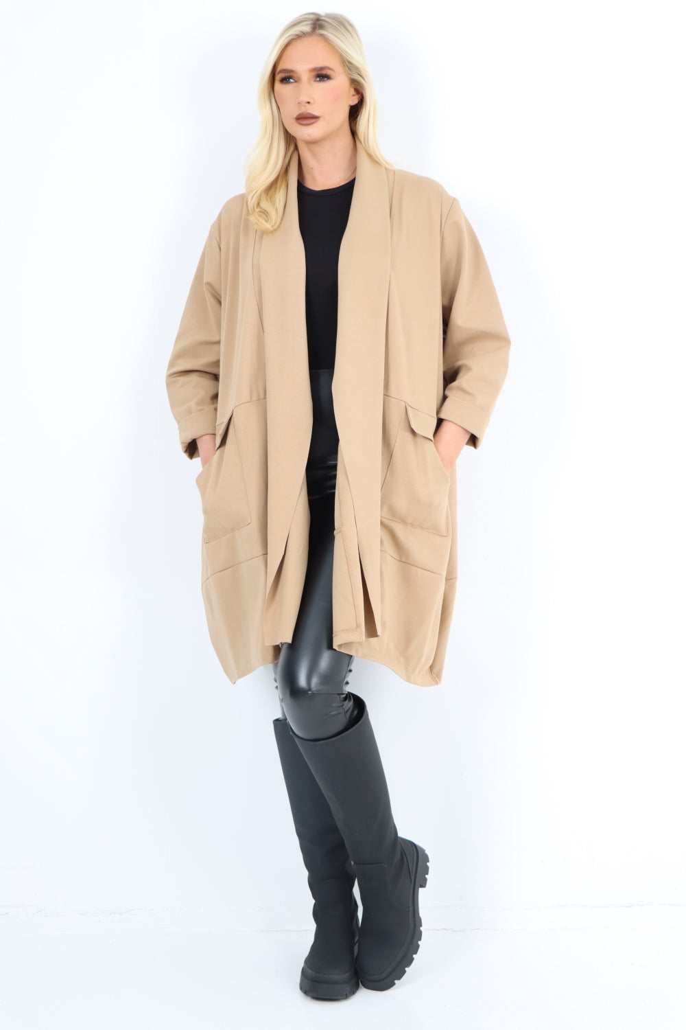 Two Pocket Open Front Long Sleeve Waterfall Blazer Coat