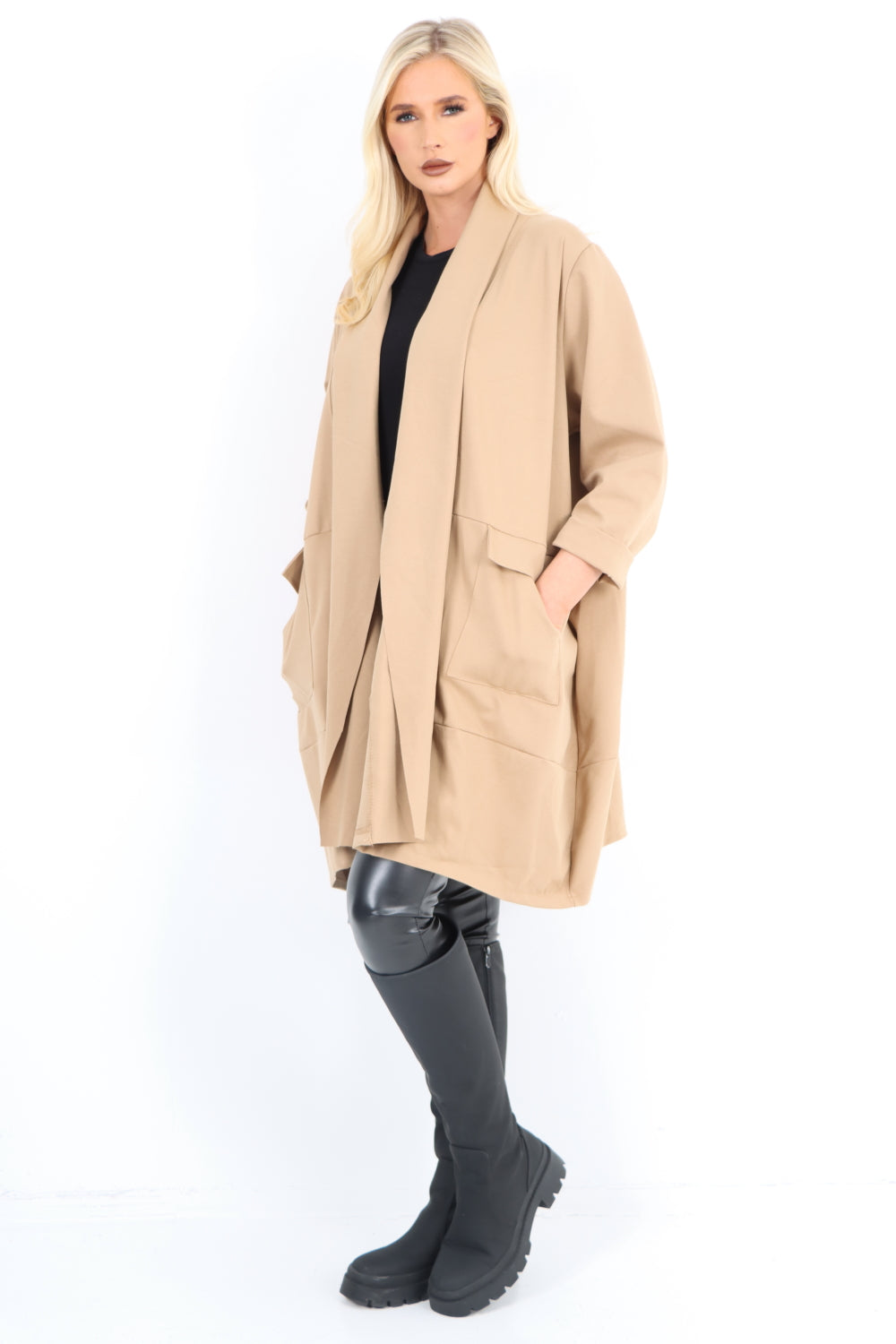 Two Pocket Open Front Long Sleeve Waterfall Blazer Coat