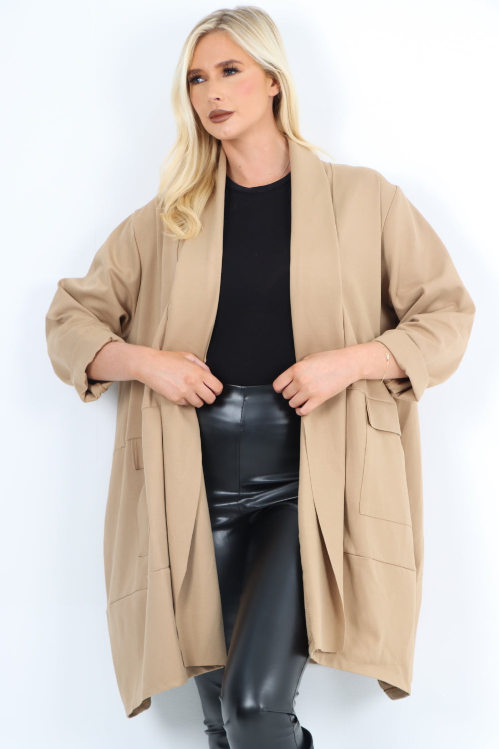 Two Pocket Open Front Long Sleeve Waterfall Blazer Coat