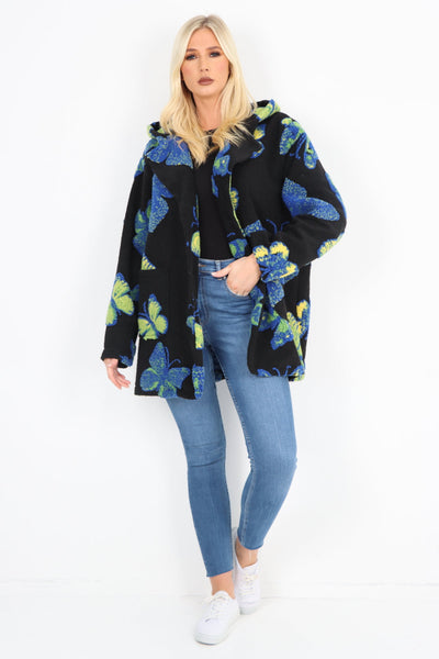 Butterfly Print Button Hooded Front Pockets Coat