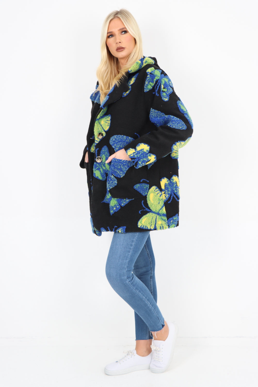 Butterfly Print Button Hooded Front Pockets Coat