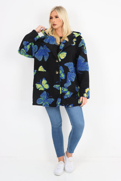 Butterfly Print Button Hooded Front Pockets Coat