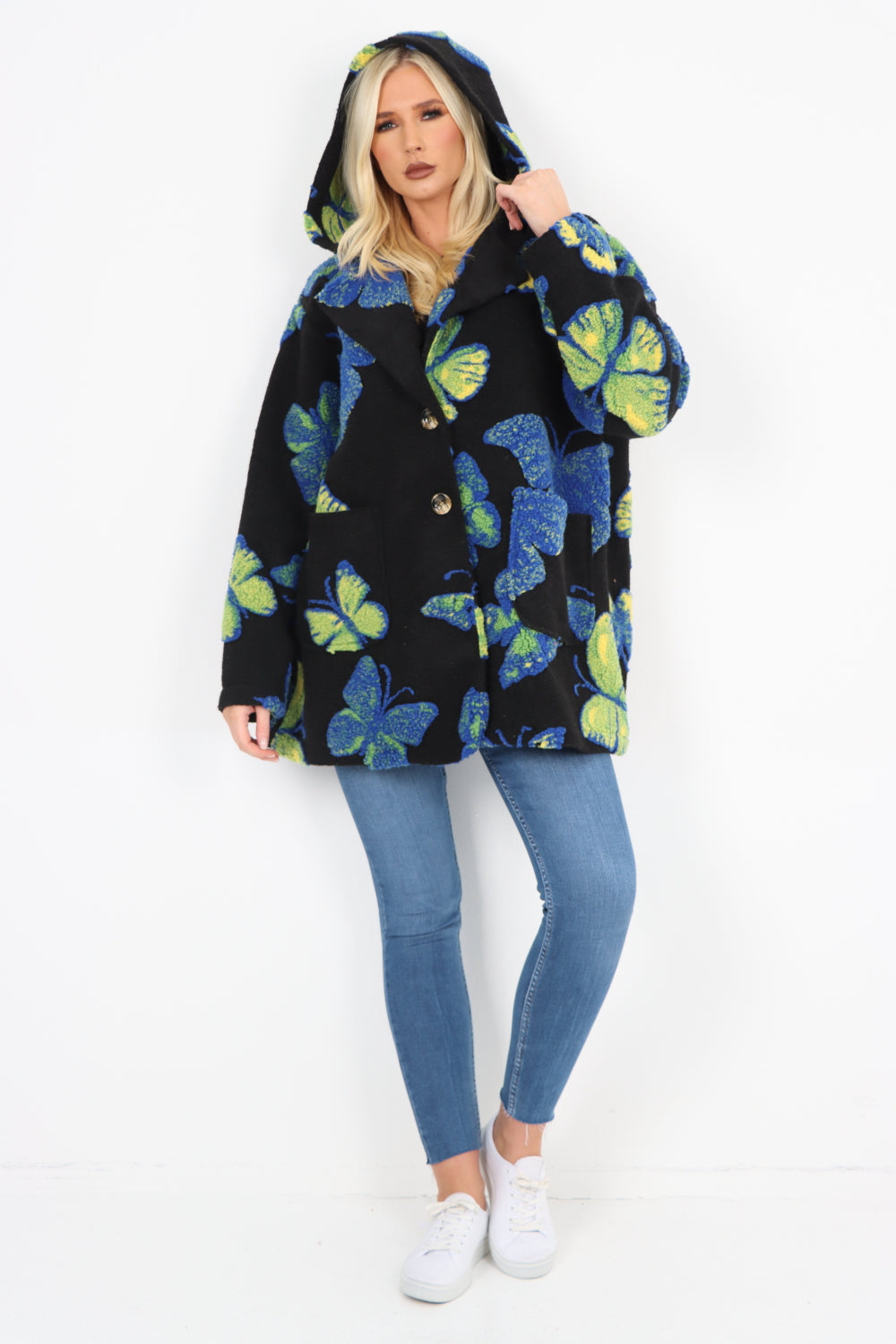 Butterfly Print Button Hooded Front Pockets Coat